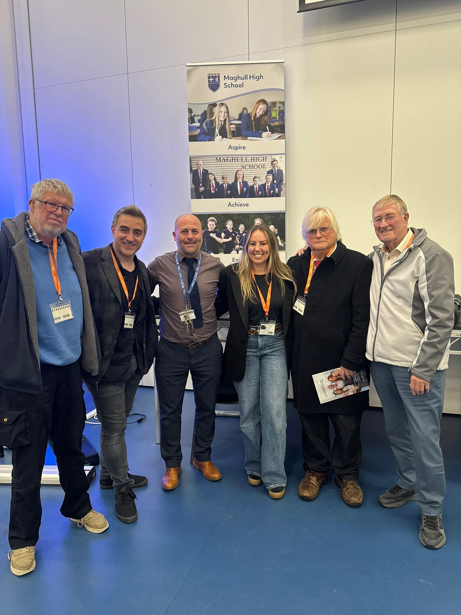 Left to right Martin from Magull and Aughton Rotary Club, David Graham, Teacher Head of Y7  Magull High, Linder Clarke Lumineer Charity, David Jones Magull and Aughton Rotary Club.