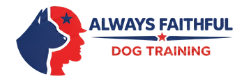 Logo of Always Faithful Dog Training: dog head and human profile silhouette in blue and red, with star accents. Text below.