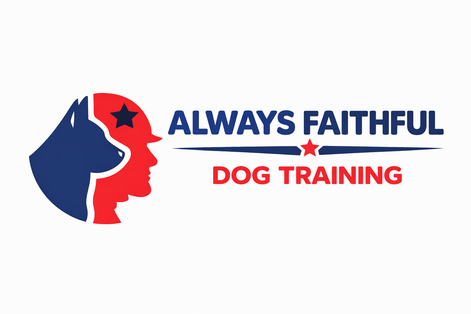 Logo of Always Faithful Dog Training: dog head and human profile silhouette in blue and red, with star accents. Text below.