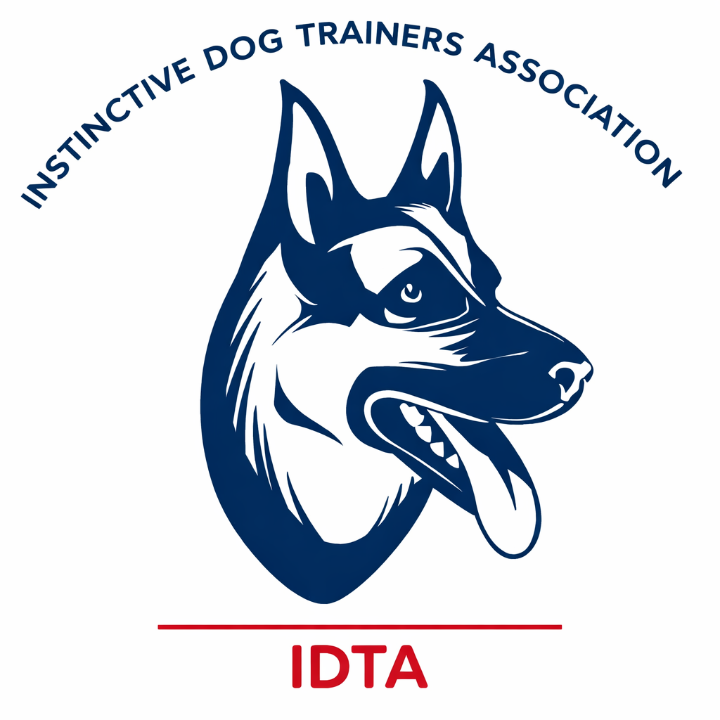 Logo of Instinctive Dog Trainers Association. Dark blue dog head with open mouth and text “IDTA” below.