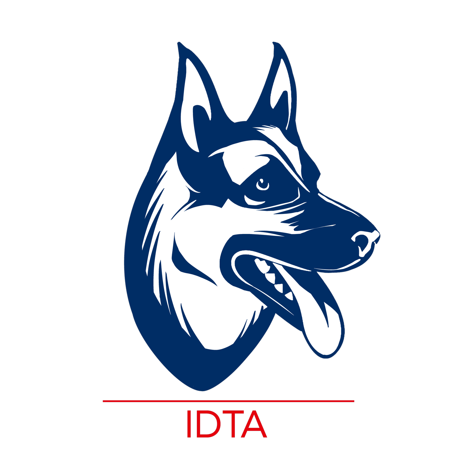 A blue and white dog with its tongue hanging out and the word idta below it.