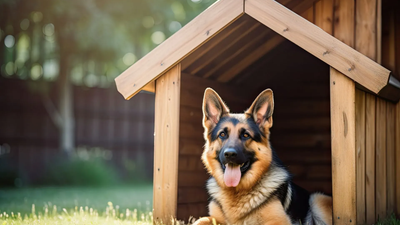 German Shepherd dog resting in wooden doghouse, tongue out, in a backyard setting.