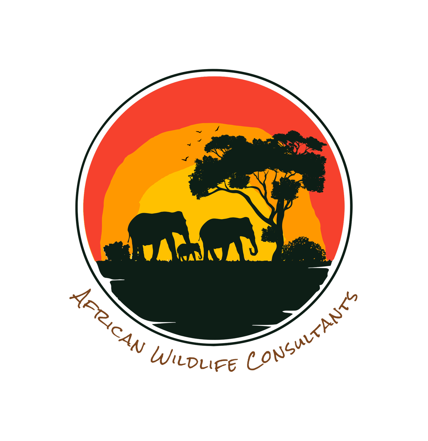 A logo for african wildlife consultants with elephants and trees