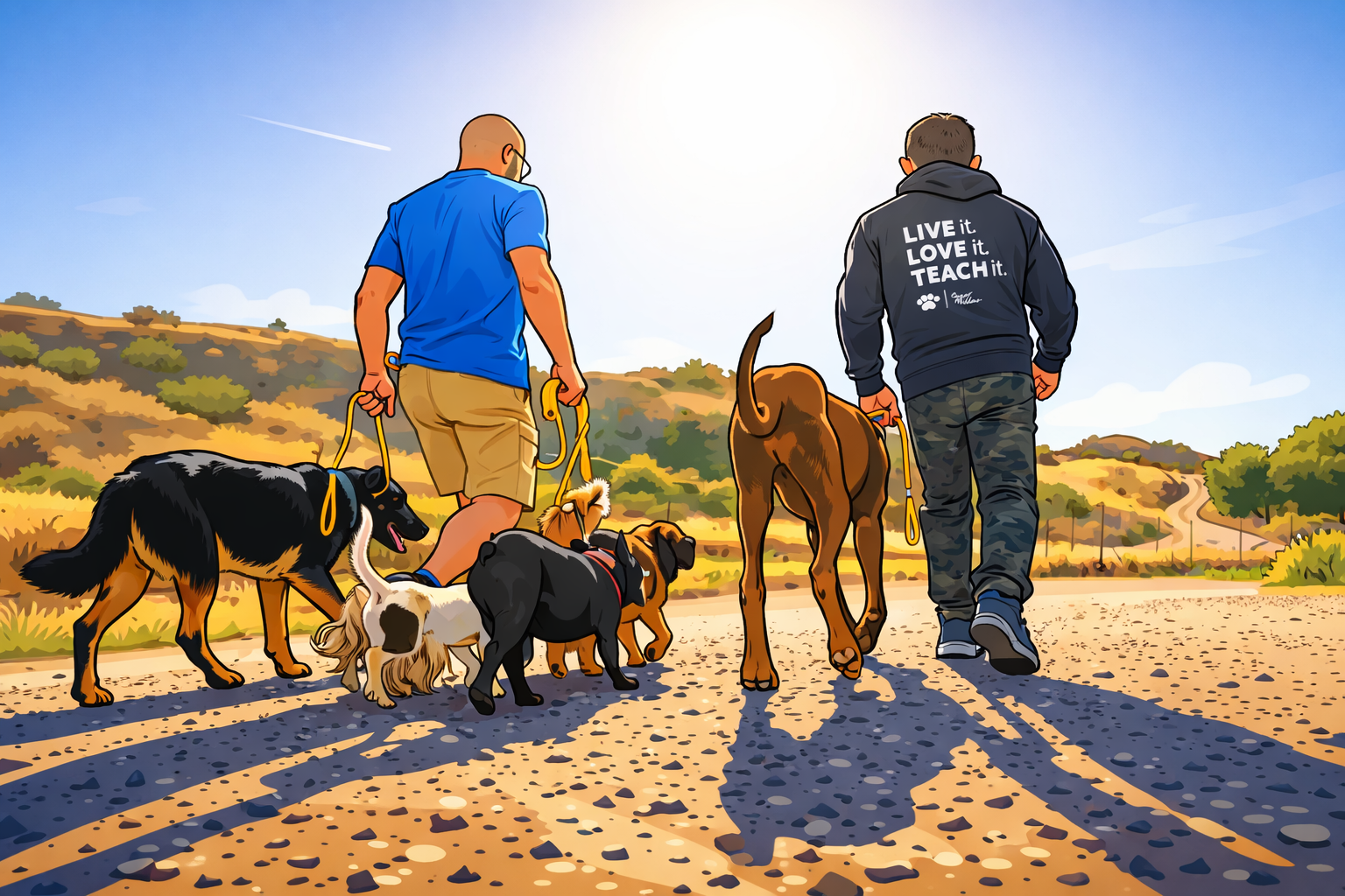 German Shepherd dog with long fur, in a sunny forest setting.