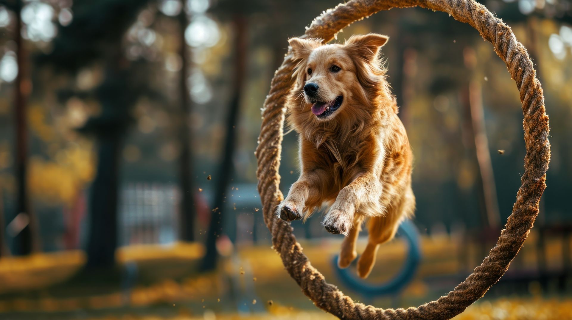 Golden retriever jumping through a rope hoop in a park, smiling.