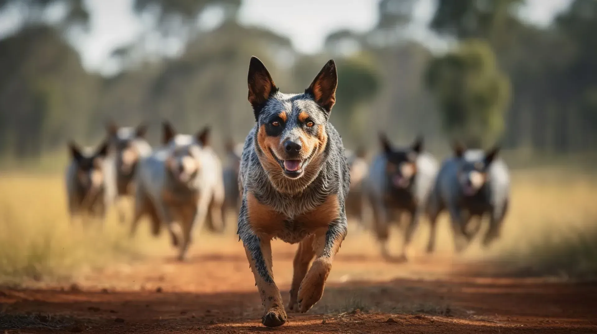 Blue heeler dog running towards camera with a pack of dogs in a sunny field.