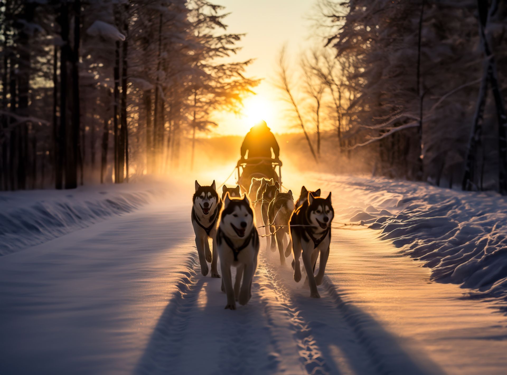 Dogs pulling a sled through the snow.