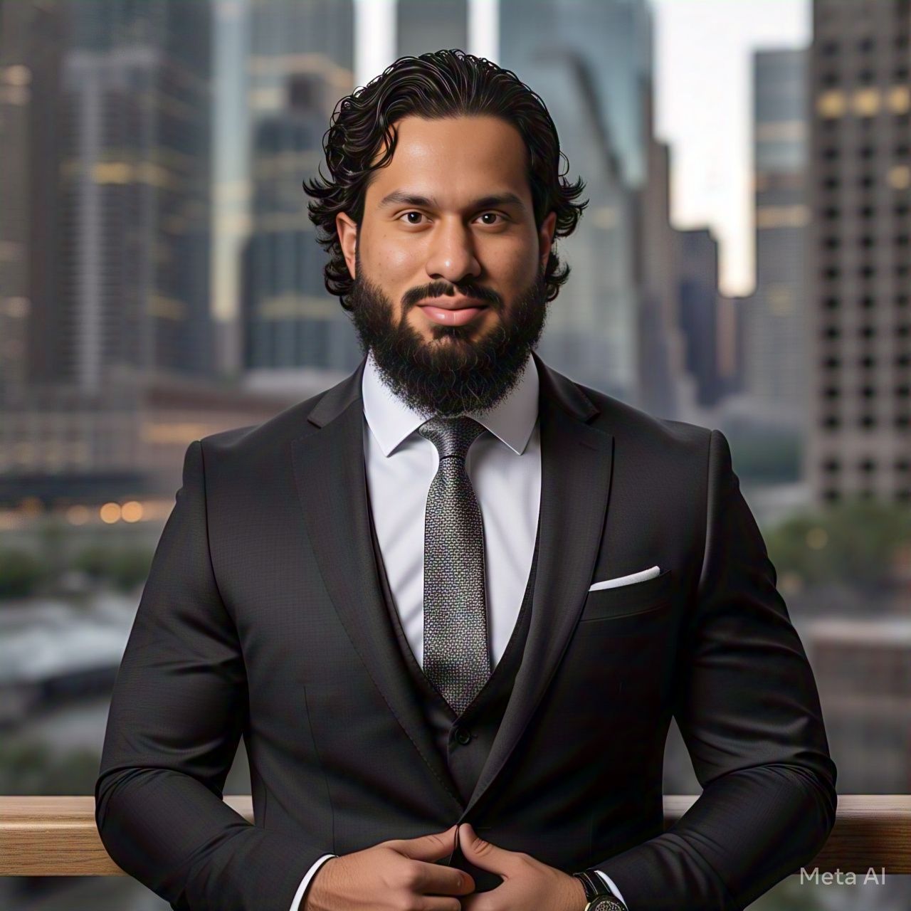 Man in black suit and tie, smiling, in front of a city skyline.