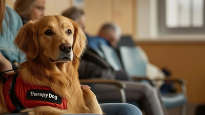Golden Retriever therapy dog wearing red vest in a waiting room, sitting calmly.