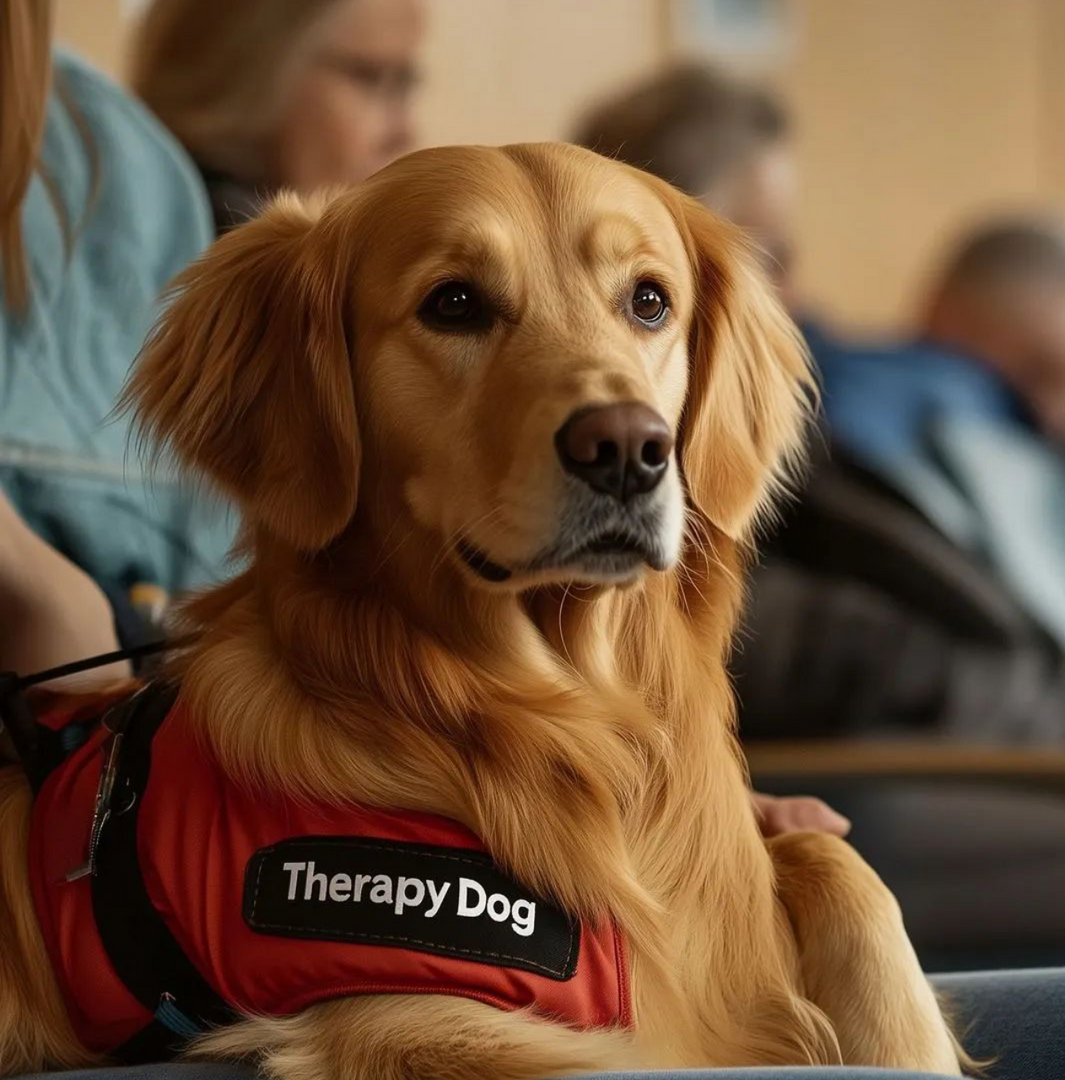 Golden Retriever therapy dog wearing red vest in a waiting room, sitting calmly.