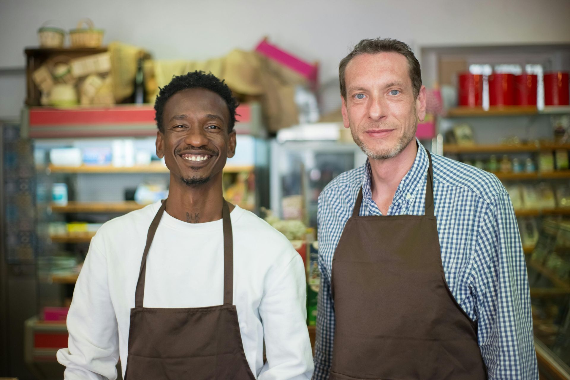 Two people in aprons smiling inside a store, shelves in background.