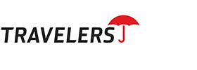 Travelers Insurance logo: Black text with a red umbrella icon.