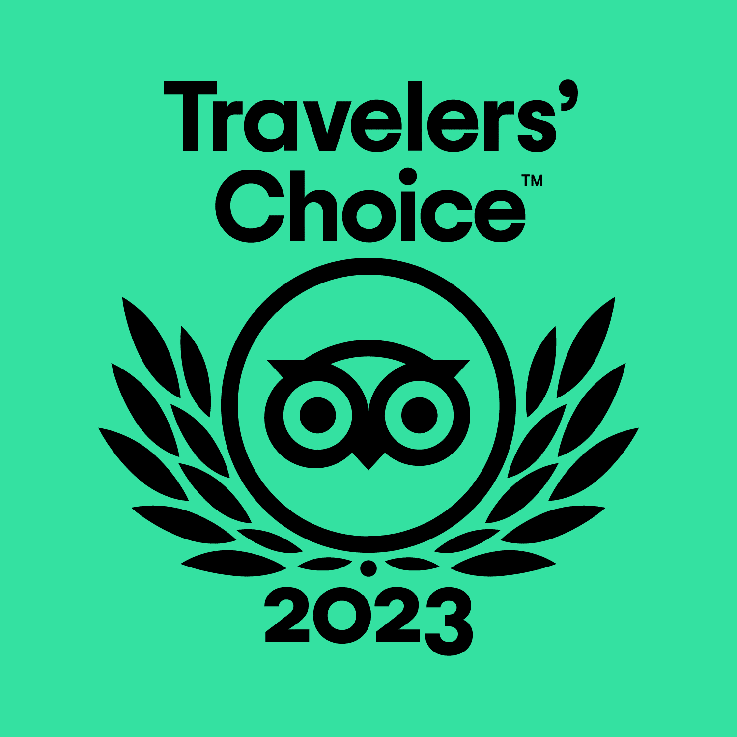 Tripadvisor Travelers' Choice 2023 award logo on a teal background. Features an owl icon in a wreath.