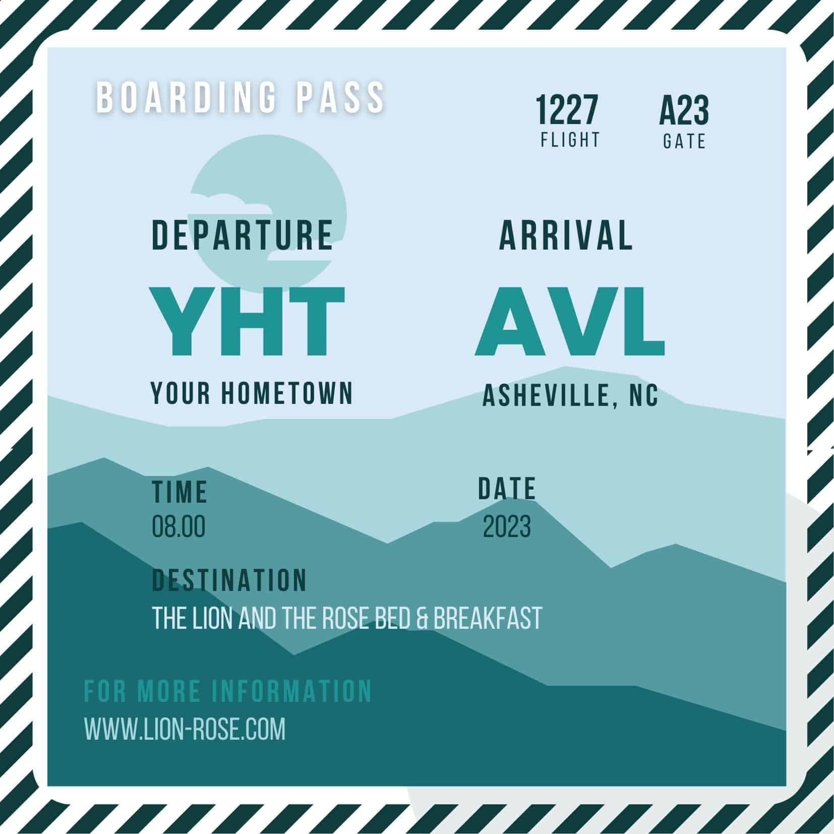 Boarding pass with departure from YHT, arriving in Asheville, NC. Destination is The Lion and the Rose Bed & Breakfast.