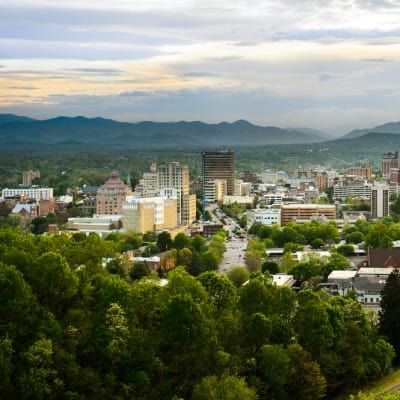 City skyline nestled amidst green trees and distant mountains, under a cloudy sky.