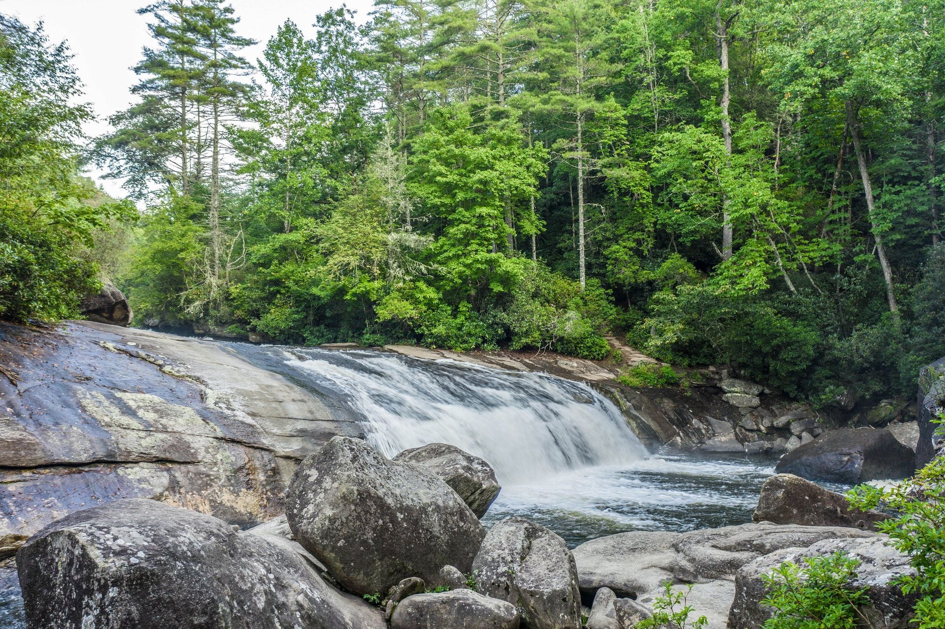Waterfall cascading over rocks in a forest setting with lush green trees.