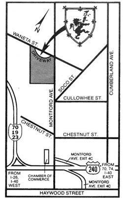 Map of streets in Asheville, NC, with a labeled driveway and logo. Includes road numbers 70, 19, 23, and 240.