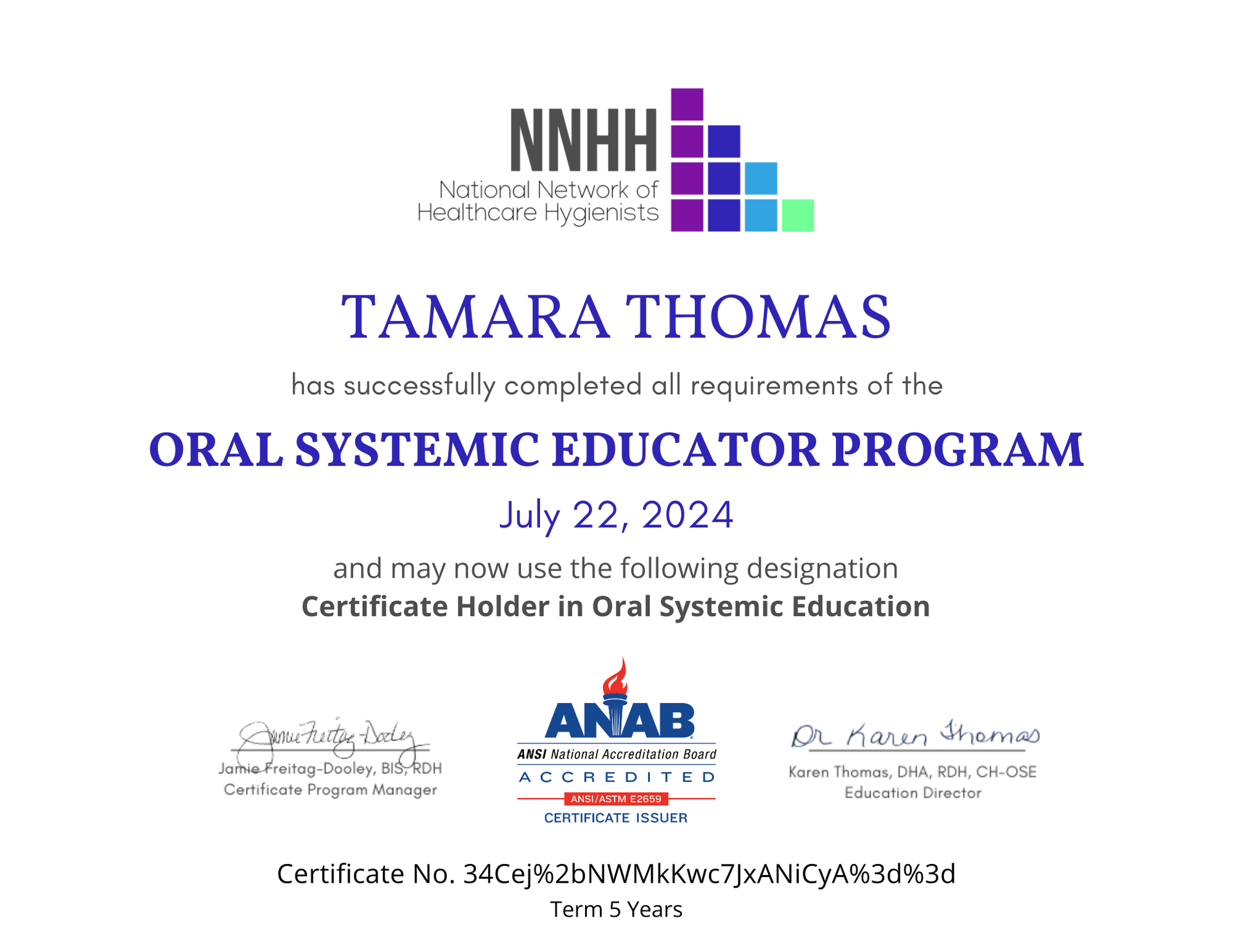 Oral Systemic Educator Certificate Holder