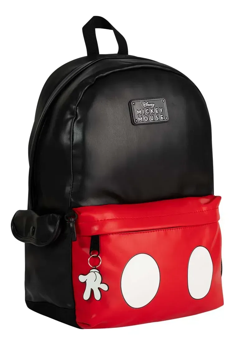 Mochila Mooving Mickey Mouse Eco Cuero Parche Metálico Negro Liso