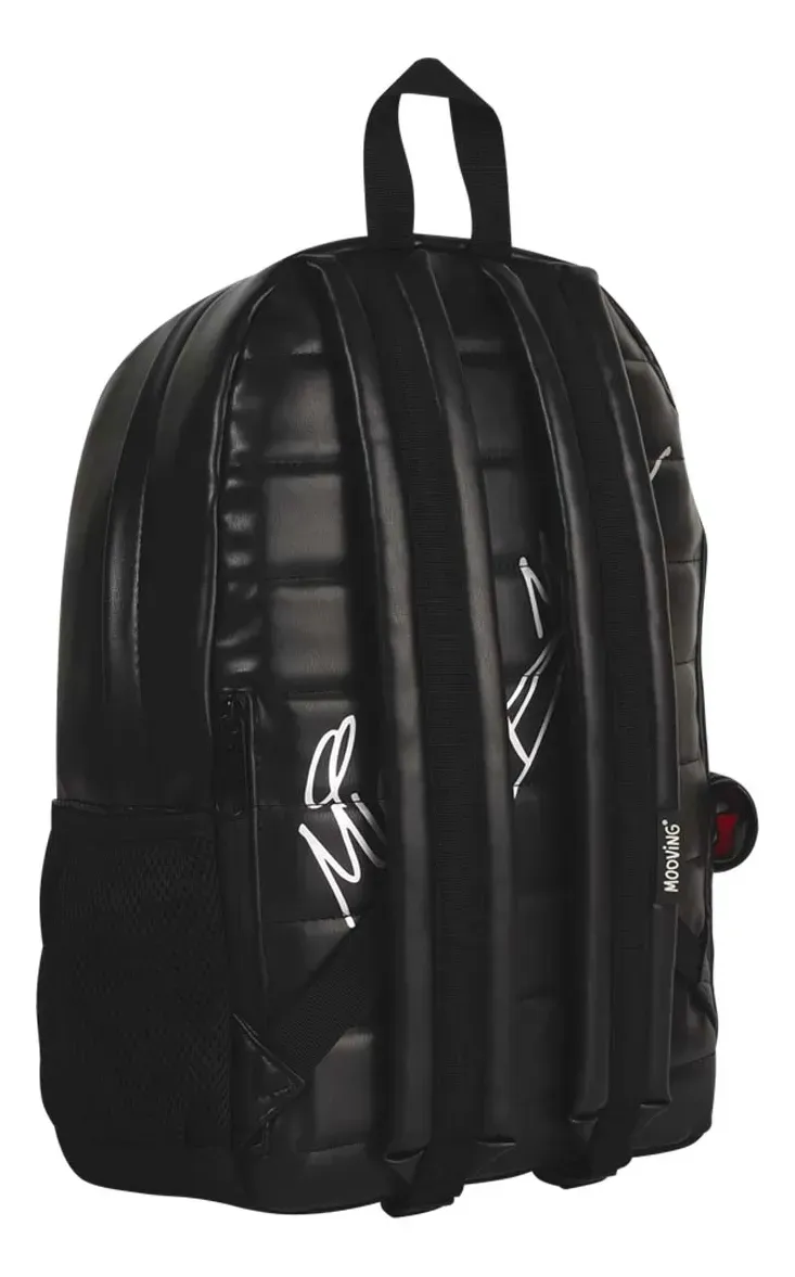 Mochila Mooving Mickey Mouse Eco Cuero Parche Metálico Negro Liso
