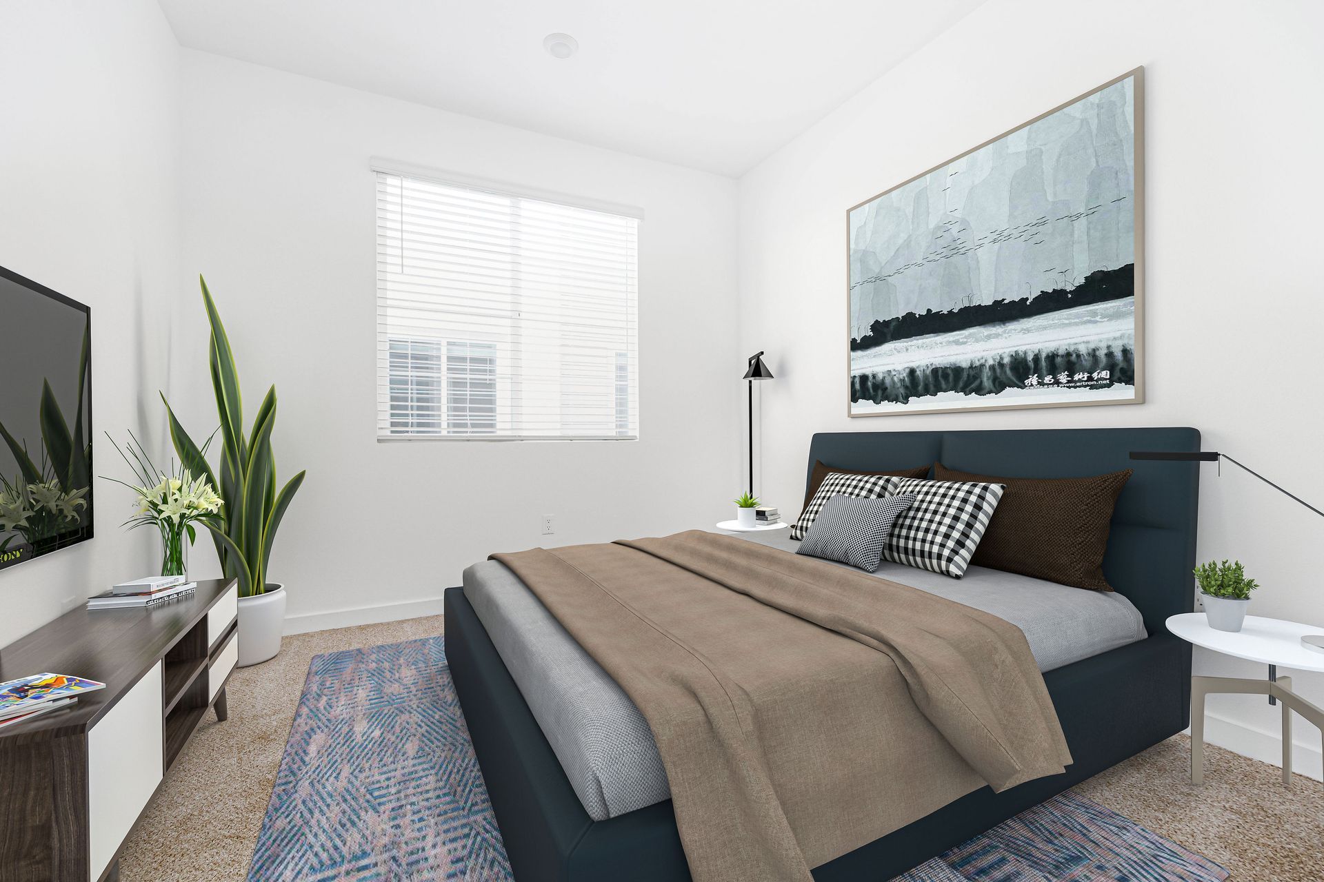 a bedroom with a large bed , a television , and a painting on the wall .