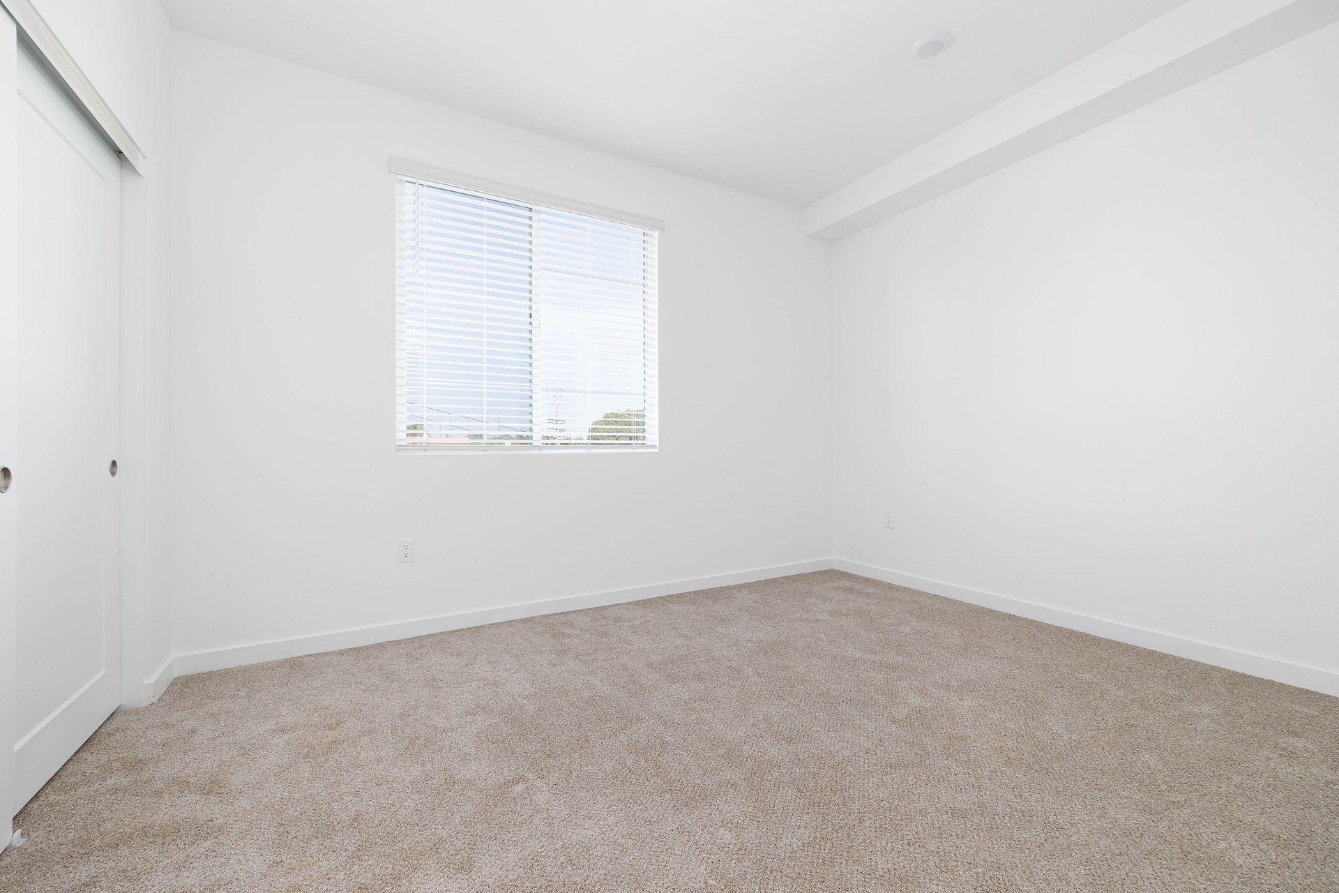 an empty bedroom with a window and carpet .