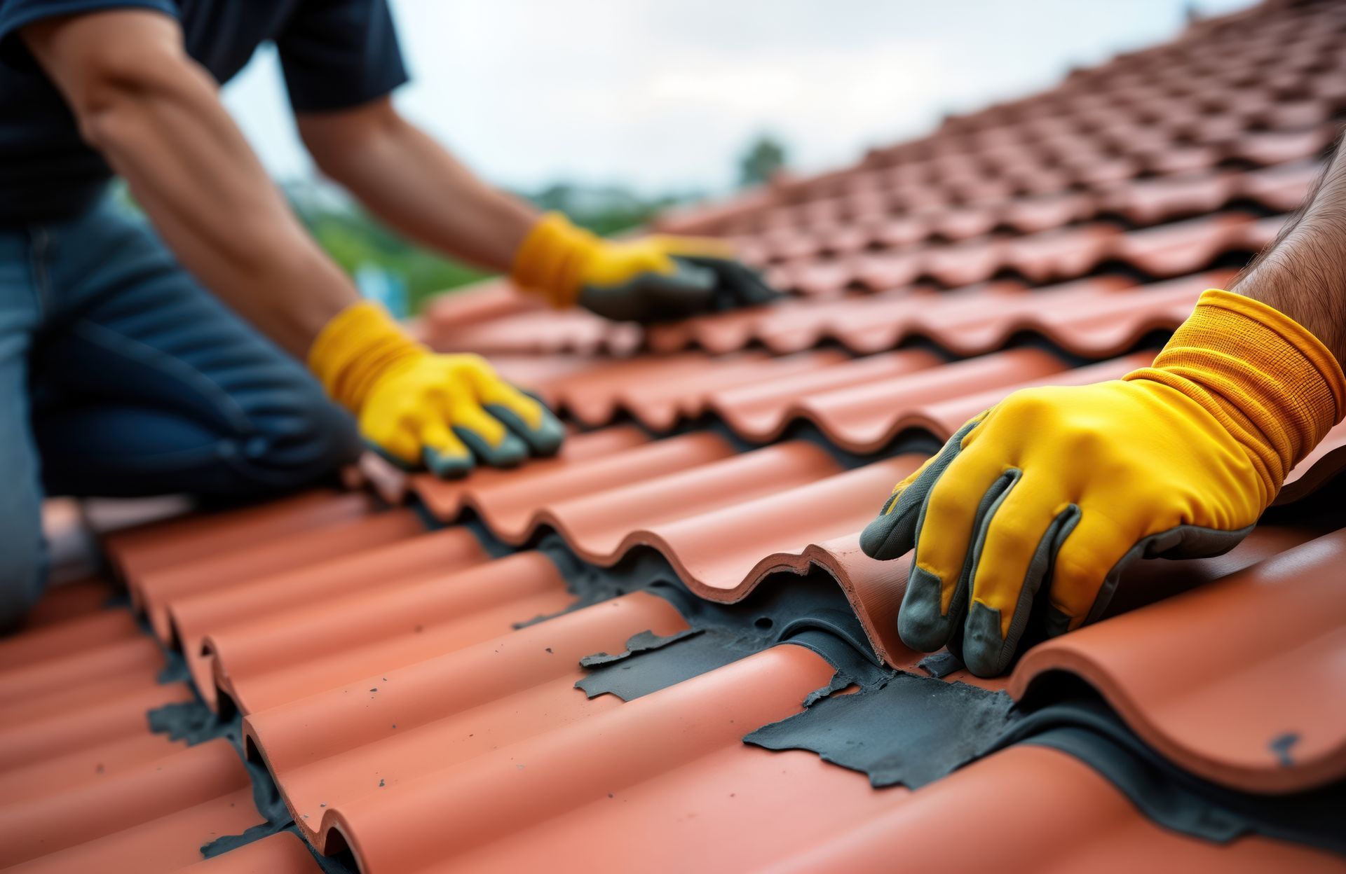 A man wearing yellow gloves is working on a tiled roof.