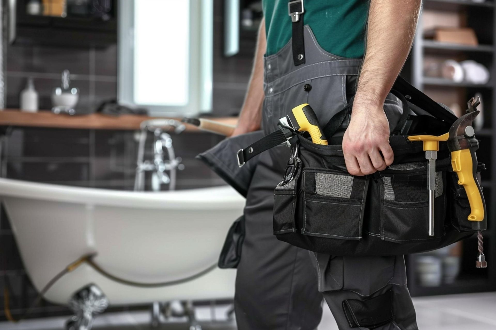A plumber is holding a tool bag in a bathroom.