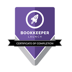 A bookkeeper launch certificate of completion badge with a rocket in the center.