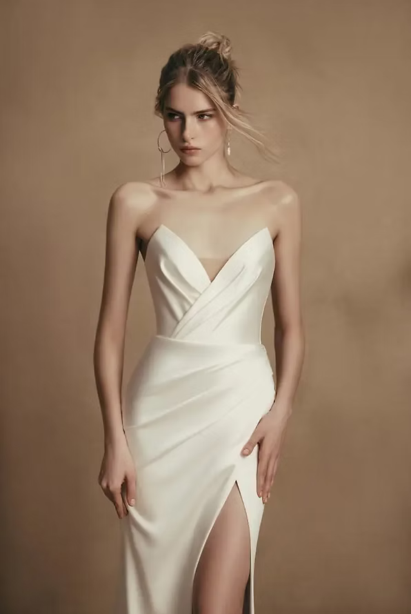 Woman in a white strapless gown, high slit, standing with hands at waist, neutral background.