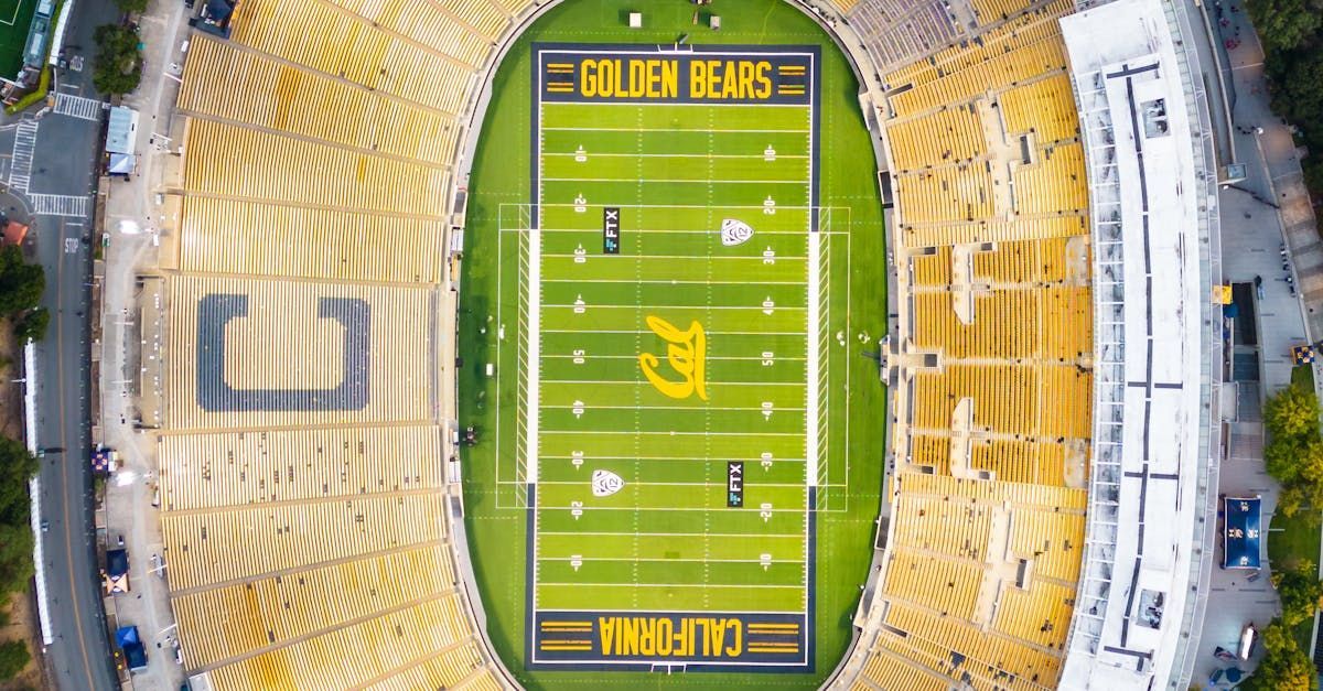 An aerial view of a football field in a stadium.