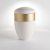 A white urn with a gold stripe on the side is sitting on a white surface.