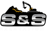 a logo for s & s excavation with an excavator on top of a mountain