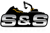 a logo for s & s excavation with an excavator on top of a mountain