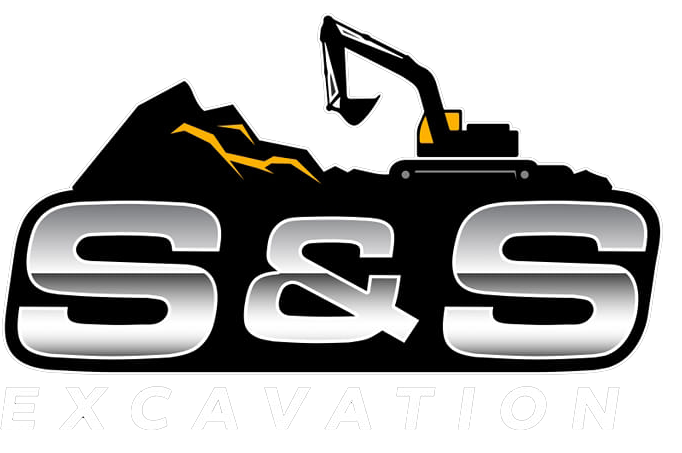 a logo for s & s excavation with an excavator on top of a mountain