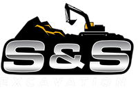 a logo for s & s excavation with an excavator on top of a mountain