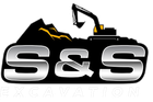 A logo for s & s excavation with an excavator on top of a pile of dirt.