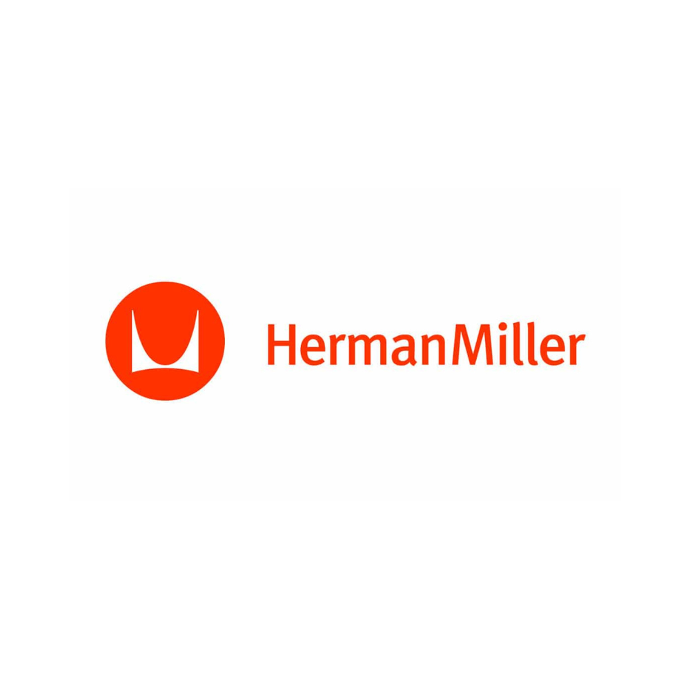 Herman Miller logo: orange circle with white U-shaped icon, and red text 