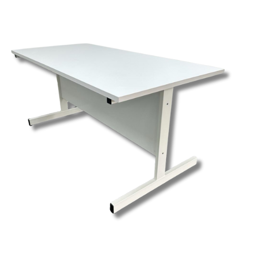 White rectangular office desk with a metal frame.