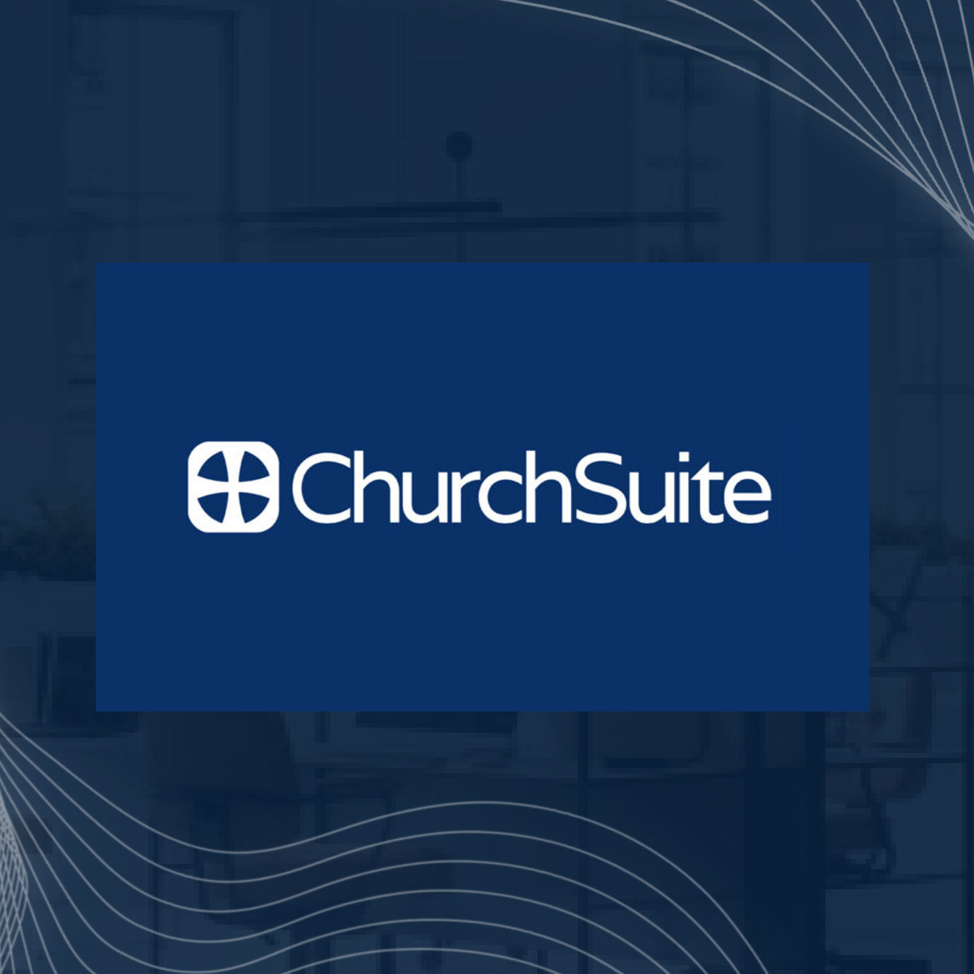 ChurchSuite logo on a blue background with abstract white lines.