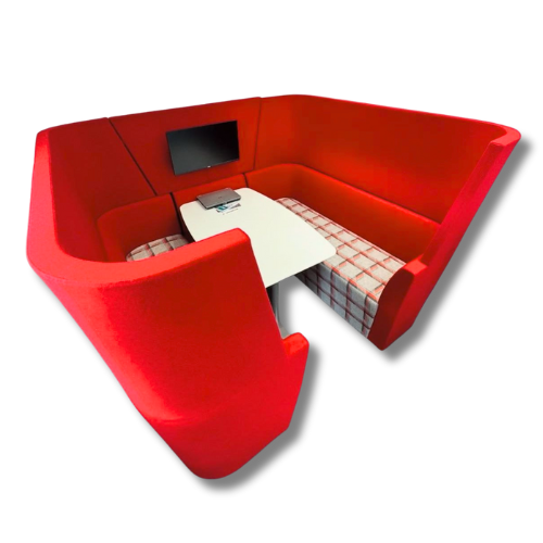 Red booth seating with a white table and a TV screen.