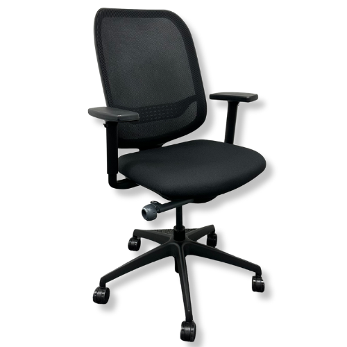 Black office chair with mesh back and adjustable arms.
