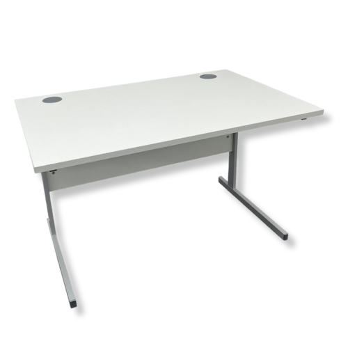White rectangular desk with two circular holes in the top and silver legs.