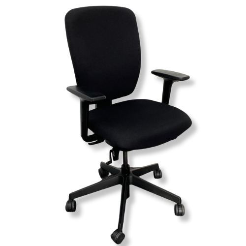 Black office chair with adjustable armrests and a wheeled base.