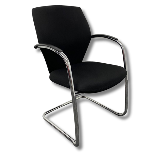 Black office chair with chrome frame and armrests.