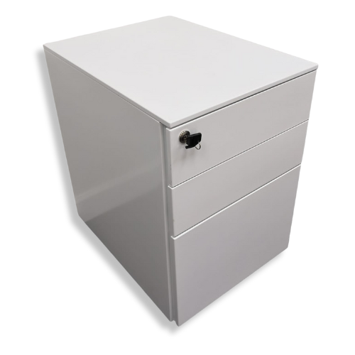 Gray metal office filing cabinet with three drawers and a key lock.