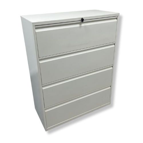 Gray metal four-drawer filing cabinet with a lock.