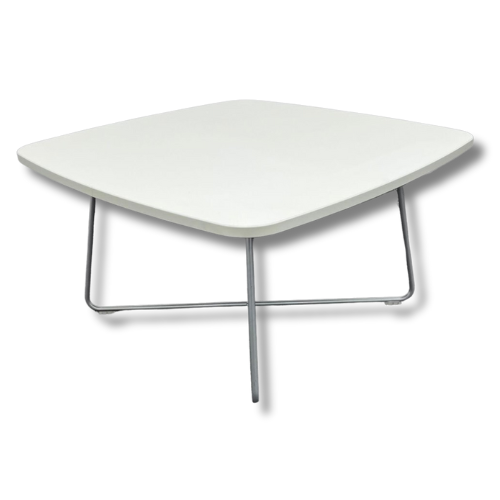 White, diamond-shaped coffee table with a metal leg frame.