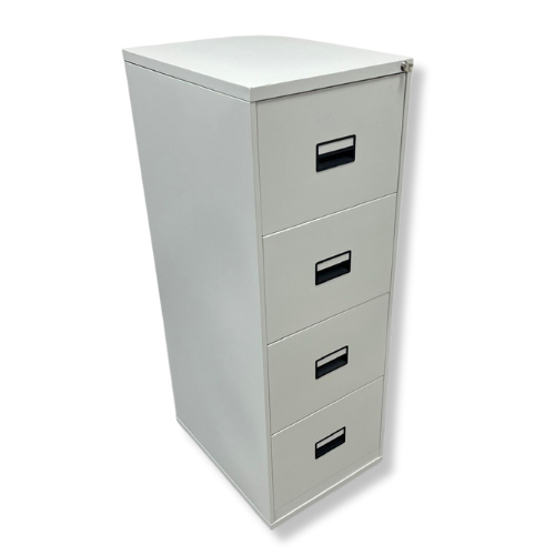 Gray metal four-drawer filing cabinet with black handles, against a white background.