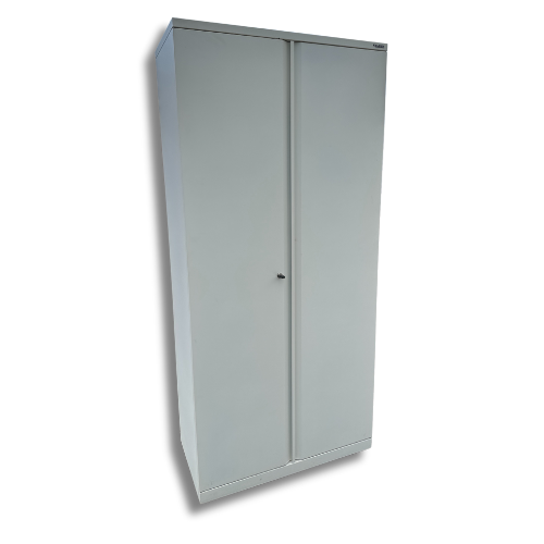Gray metal cabinet with two doors, vertical, set on a white background.